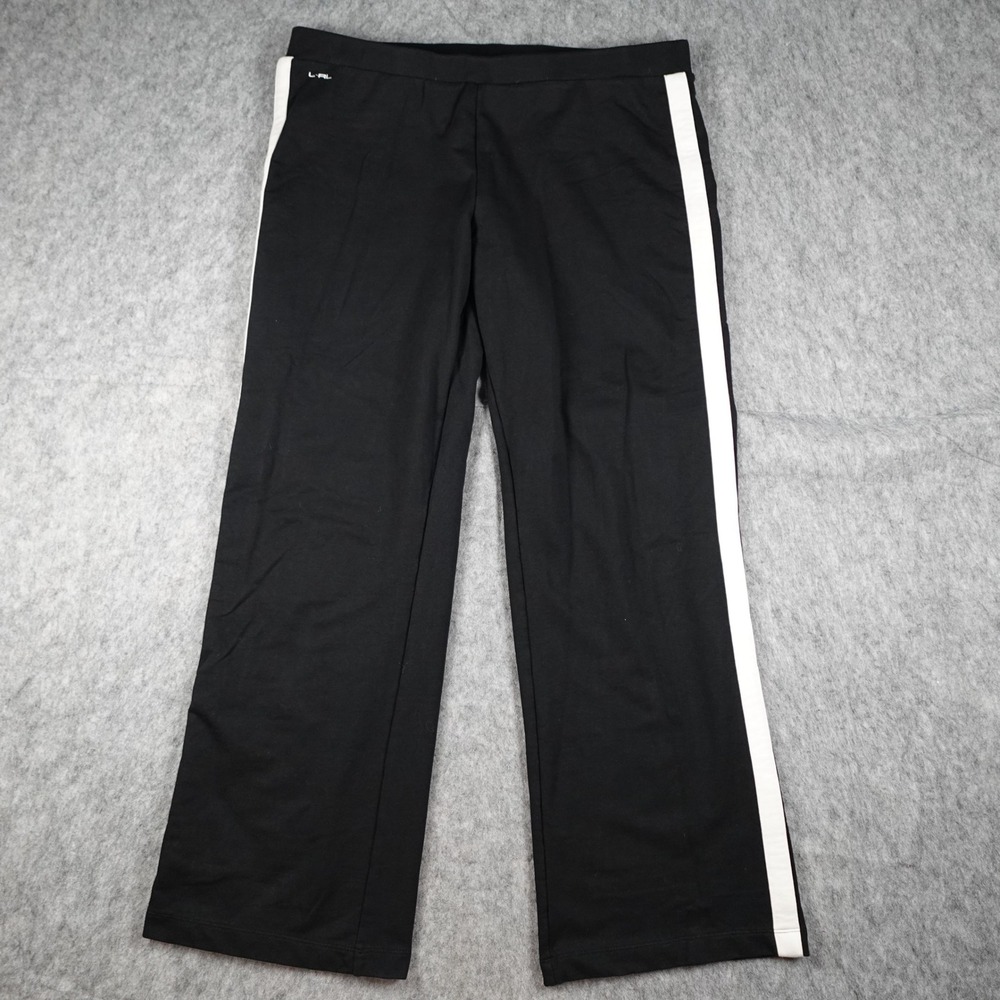 Ralph Lauren Pants Women Large Black White Side Stripe Active Stretch Wide Leg